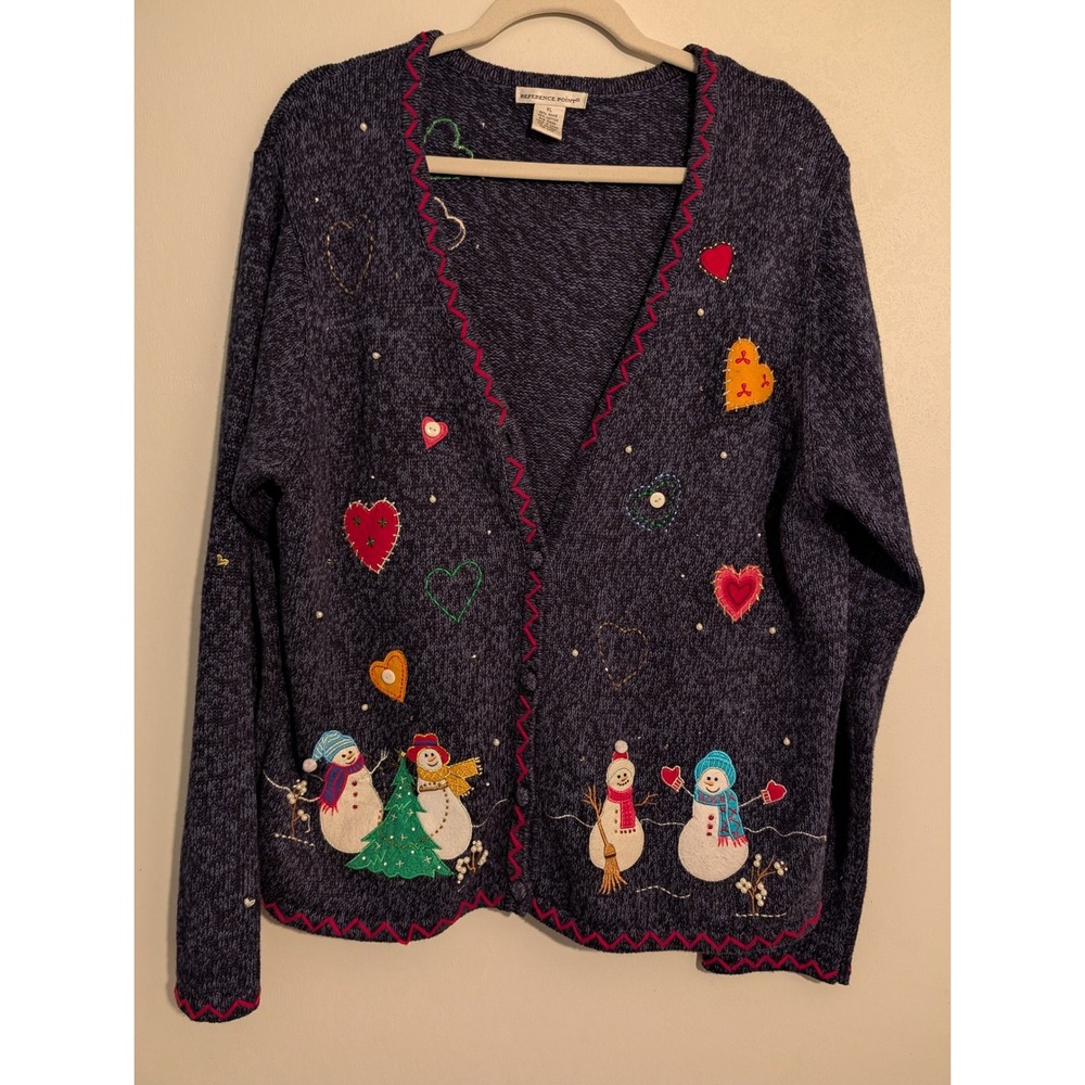 Reference Point Vintage Snowman Christmas  Navy Knit‎ Cardigan Sweater XL